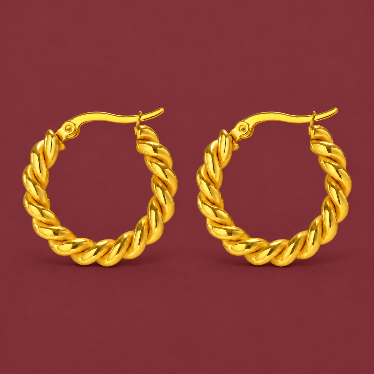 Twisted Rope Huggies — muted burgundy background