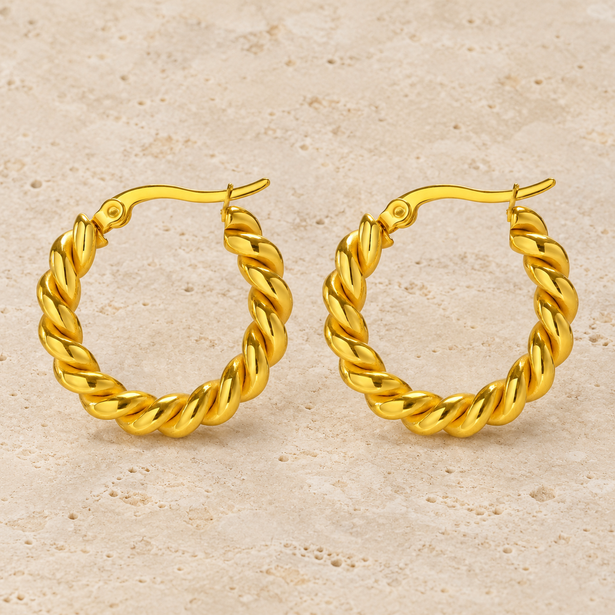 Twisted Rope Huggies — pale beige natural stone background