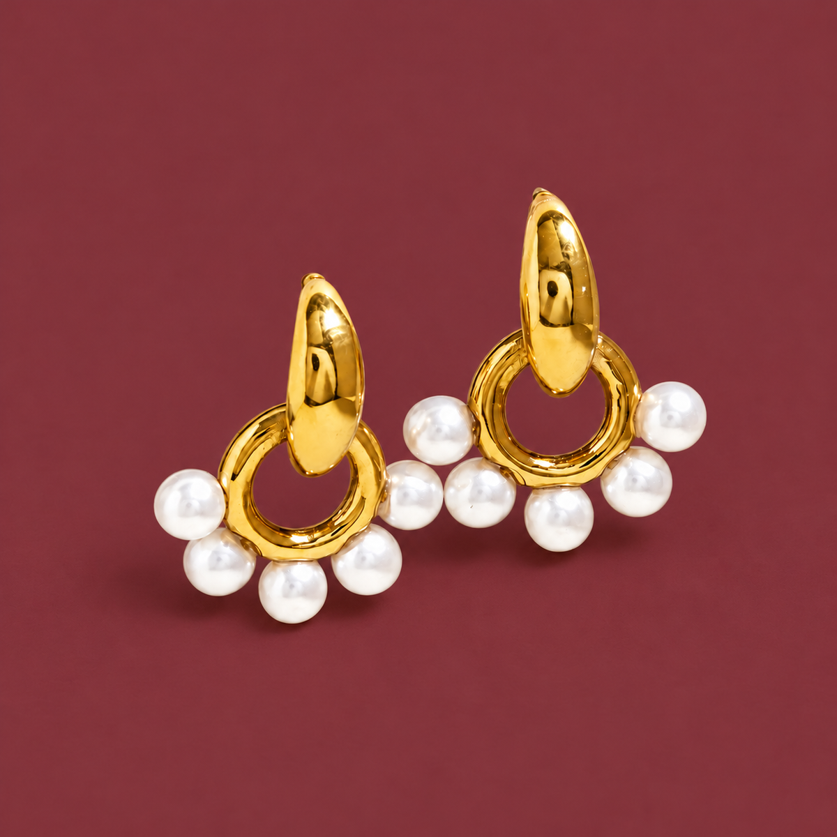 Pearl Beaded Hoops — muted burgundy background