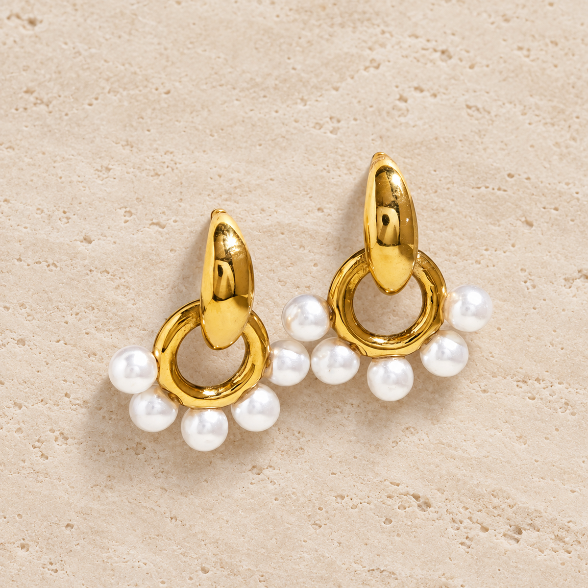 Pearl Beaded Hoops — pale beige natural stone background