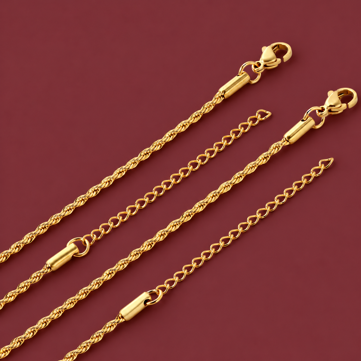 Slim Gold-Tone Rope Chain — muted burgundy background