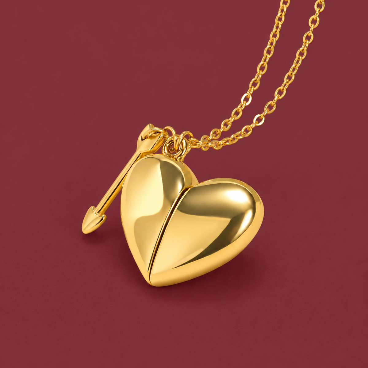 Cupid Heart Necklace — muted burgundy background