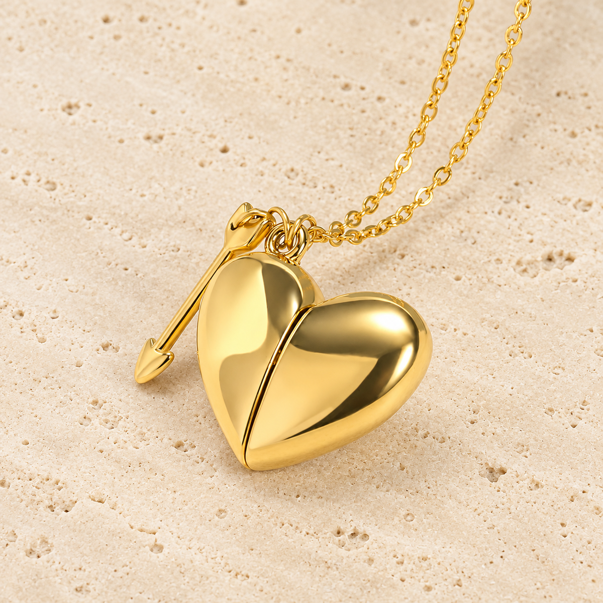 Cupid Heart Necklace — pale beige natural stone background