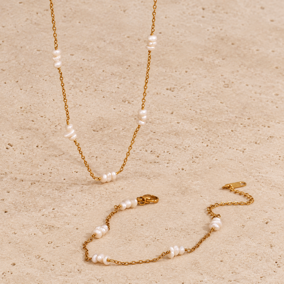 Freshwater Pearl Choker — pale beige natural stone background