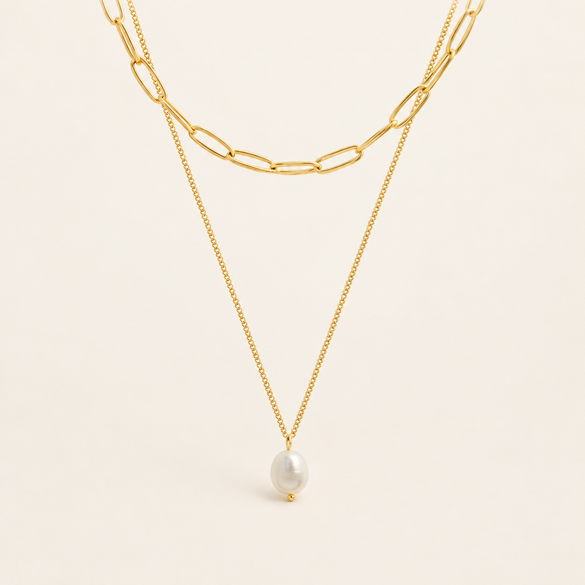 Pearl Paperclip Layered Necklace — warm ivory background