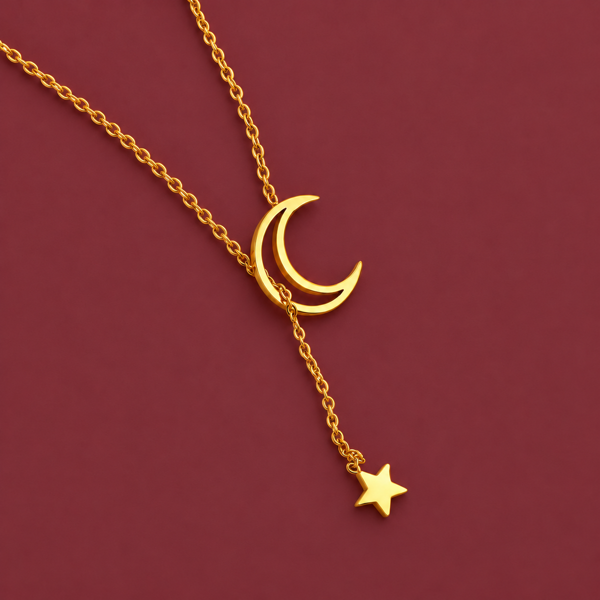 Moon & Star Necklace — muted burgundy background