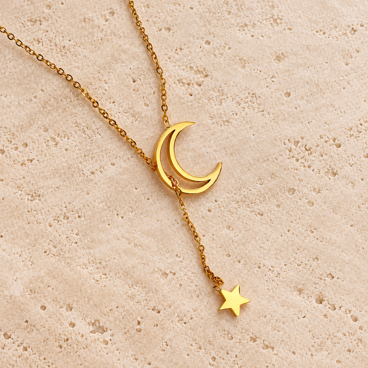 Moon & Star Necklace — pale beige natural stone background