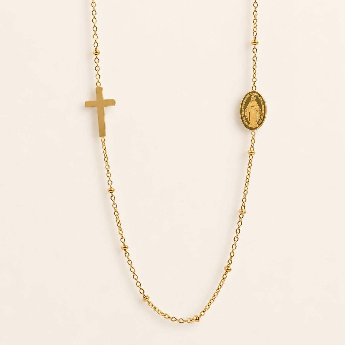 Gold Cross Necklace — warm ivory background