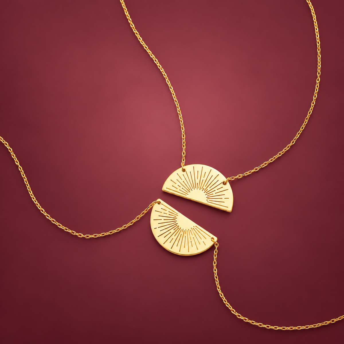 Half-Sun Pendant Necklace — muted burgundy background