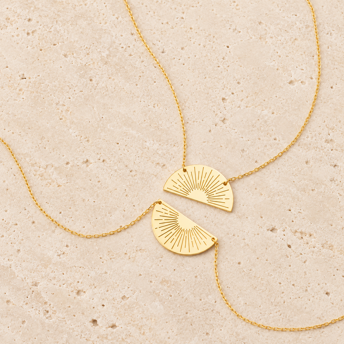 Half-Sun Pendant Necklace — pale beige natural stone background