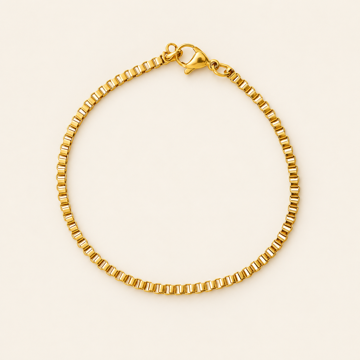 Gold Box Chain Bracelet — warm ivory background