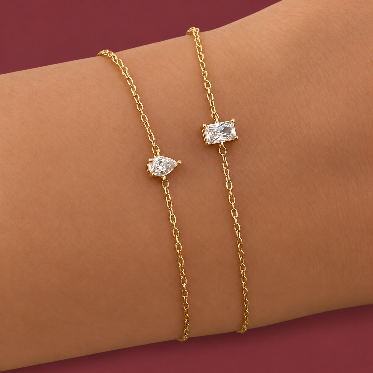 Teardrop Zircon Bracelet — muted burgundy background