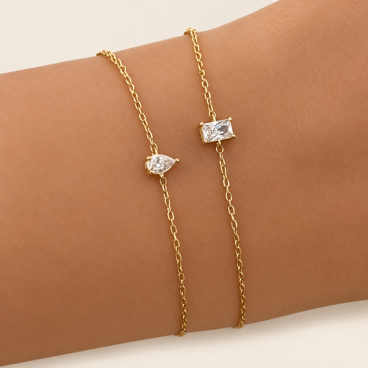 Teardrop Zircon Bracelet — warm ivory background