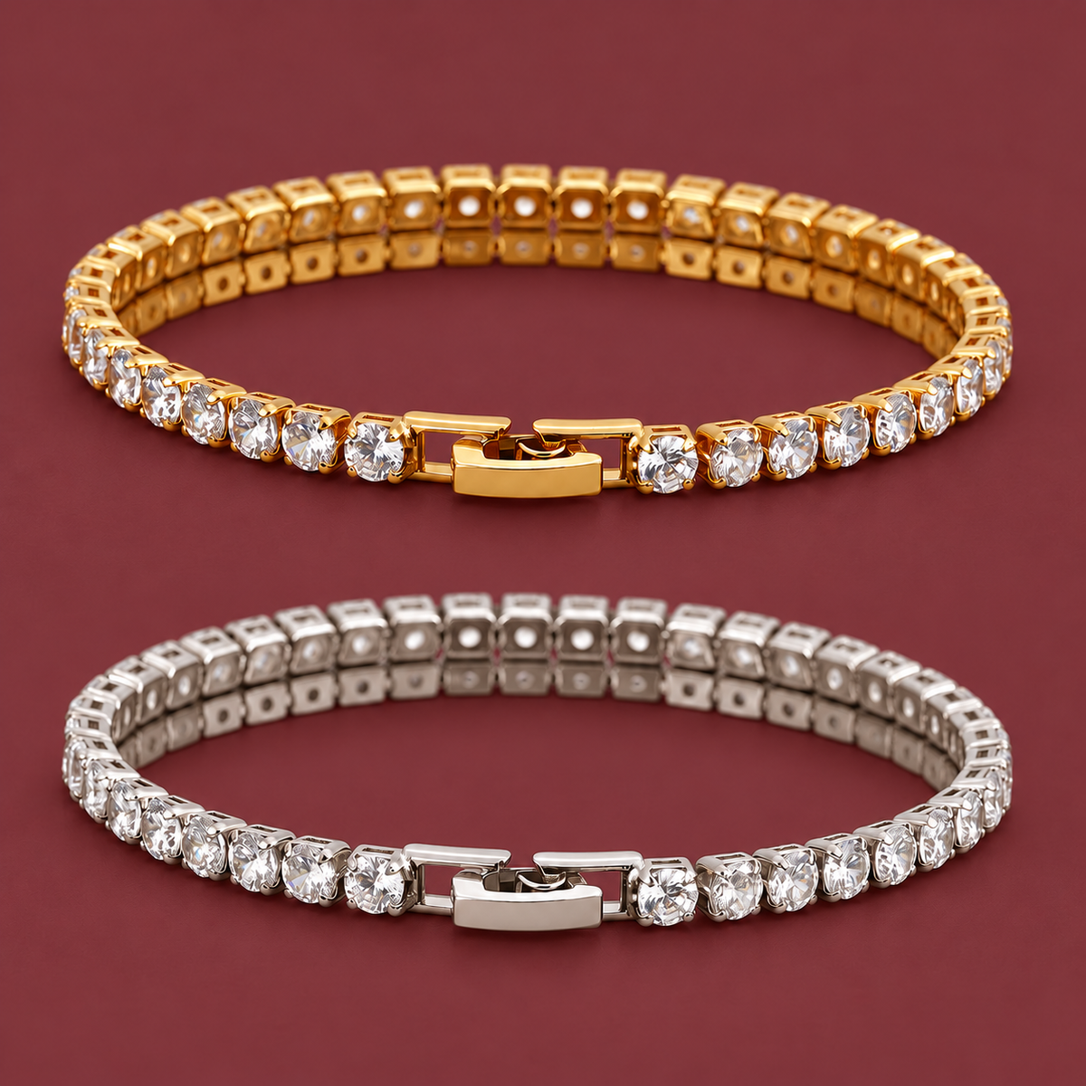 Slim Crystal Tennis Bracelet — muted burgundy background