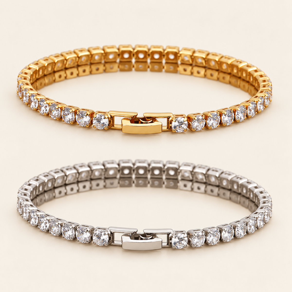 Slim Crystal Tennis Bracelet — warm ivory background