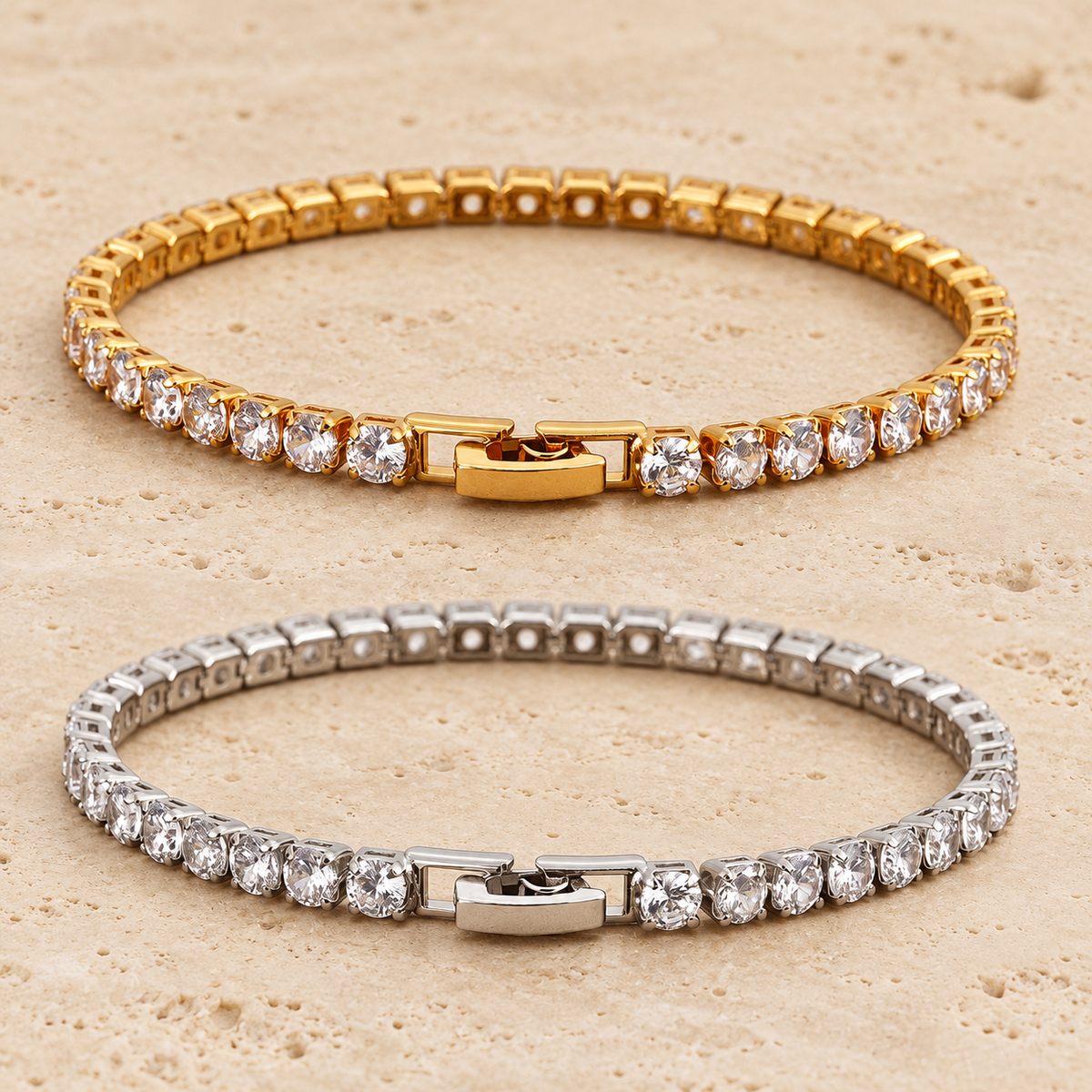 Slim Crystal Tennis Bracelet — pale beige natural stone background