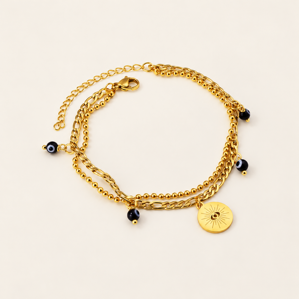 Gold Link Charm Bracelet — warm ivory background
