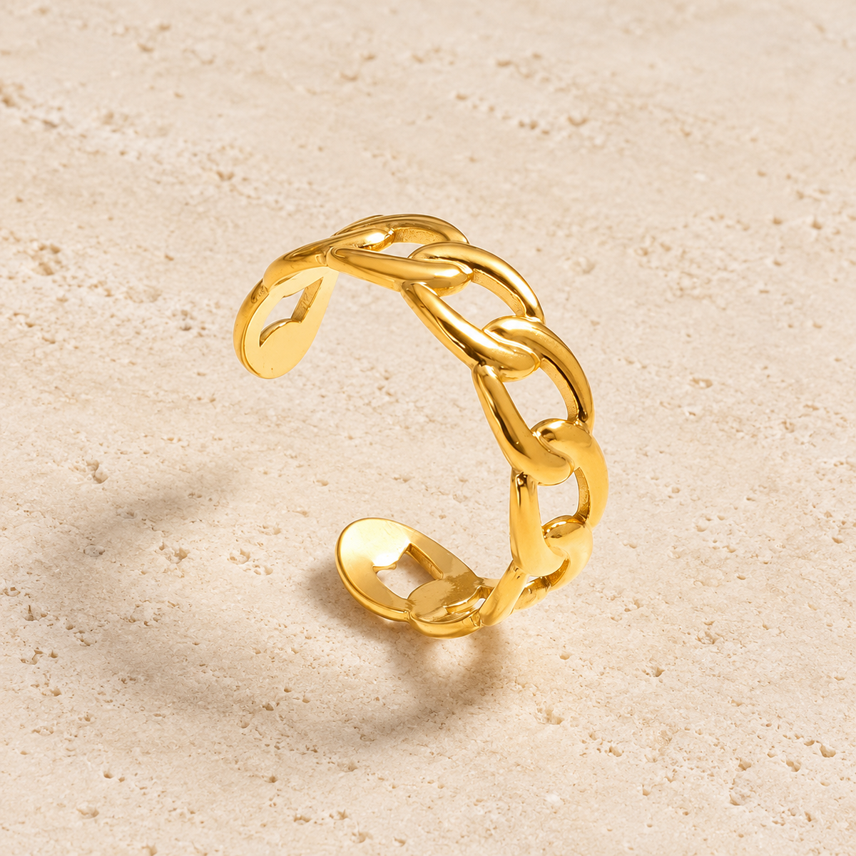 Gold Chain Cuff Ring — pale beige natural stone background