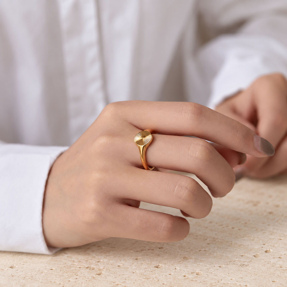 Gold Sculpted Dome Ring — pale beige natural stone background