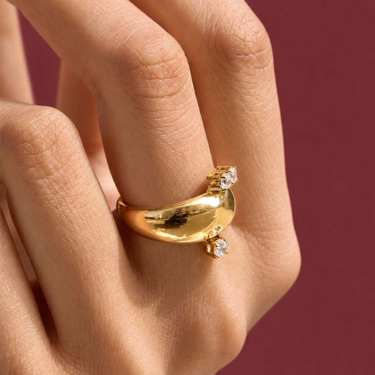 Triple Crystal Dome Ring — muted burgundy background