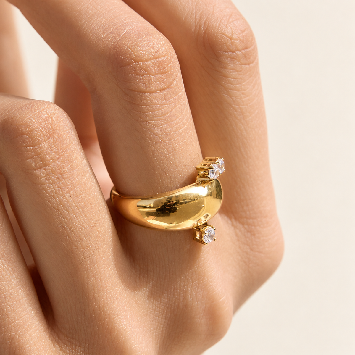 Triple Crystal Dome Ring — warm ivory background