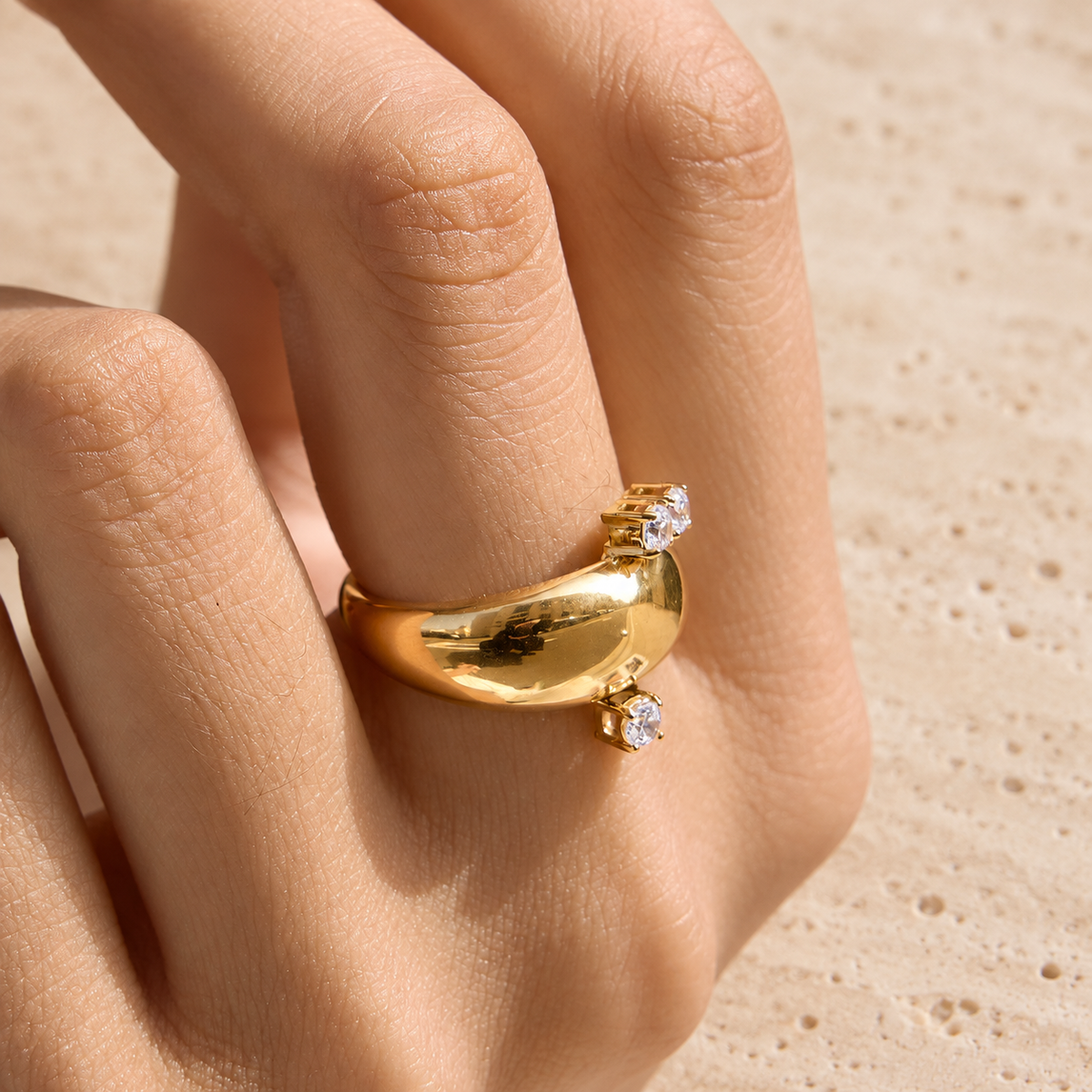 Triple Crystal Dome Ring — pale beige natural stone background