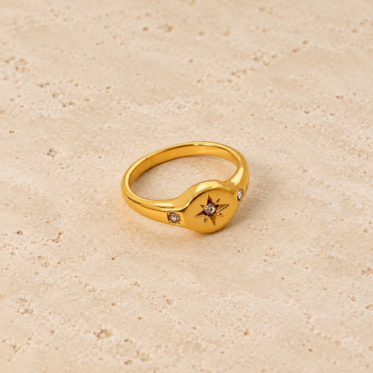 Gold Celestial Stone Ring — pale beige natural stone background