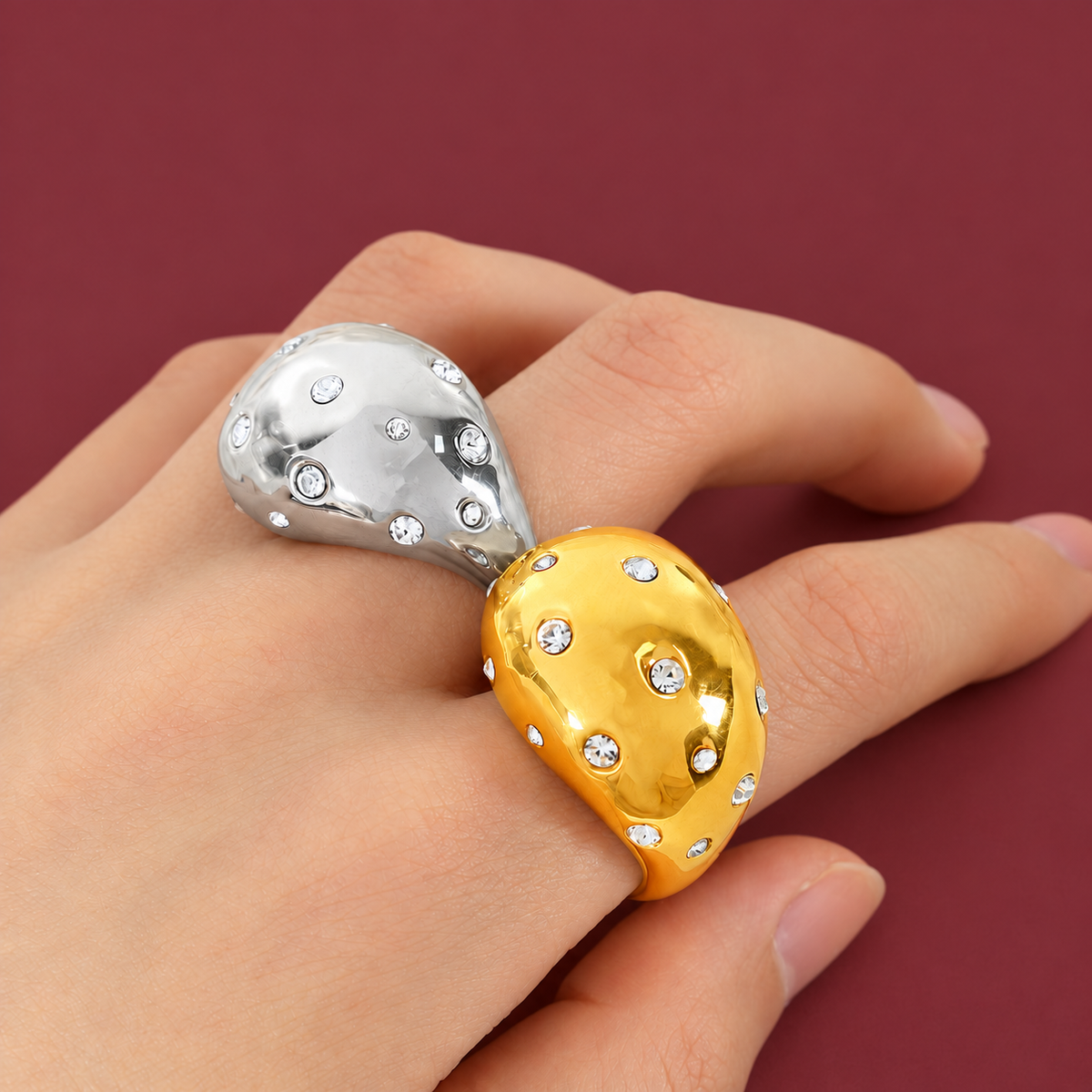 Chunky Crystal Dome Ring — muted burgundy background