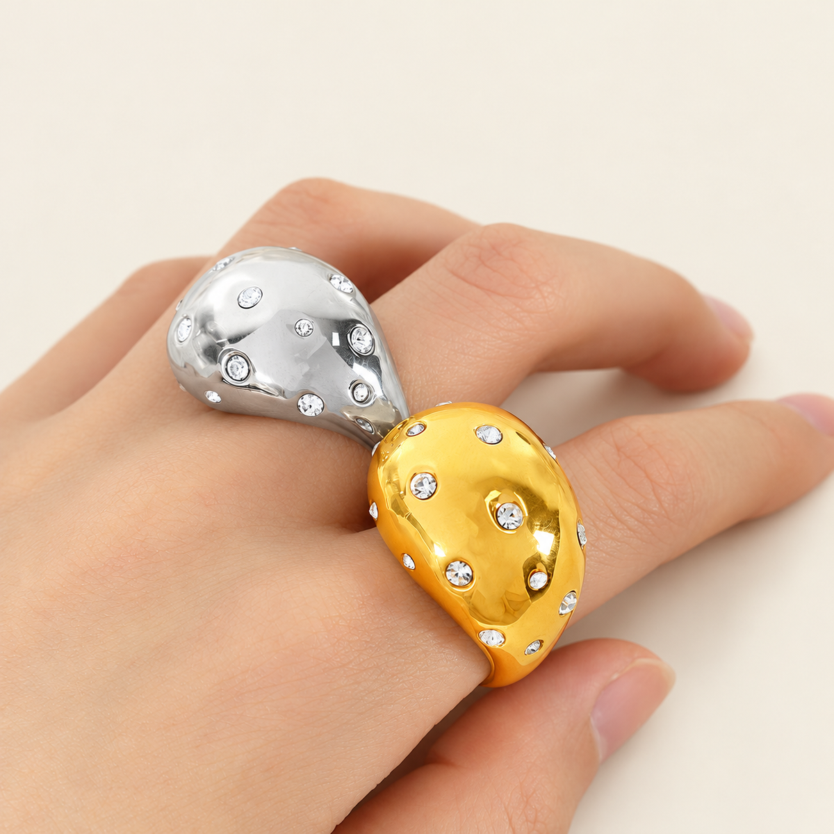 Chunky Crystal Dome Ring — warm ivory background