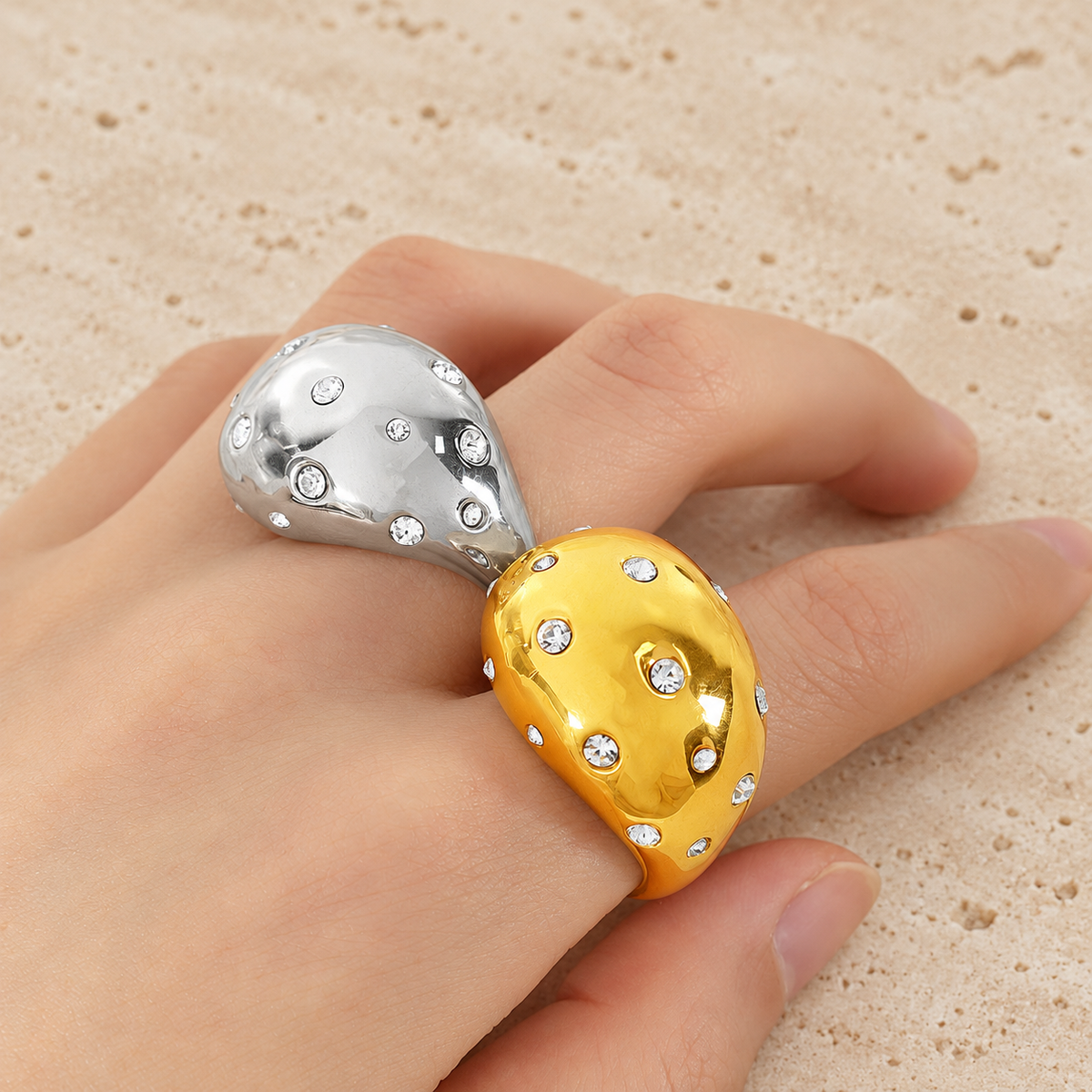 Chunky Crystal Dome Ring — pale beige natural stone background