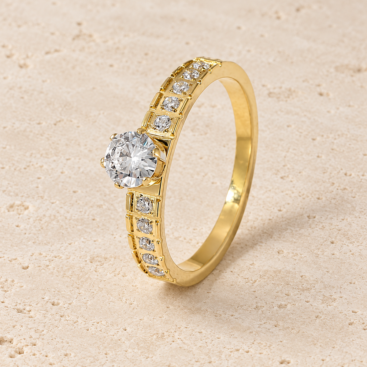 Pavé Gold Zircon Ring — pale beige natural stone background
