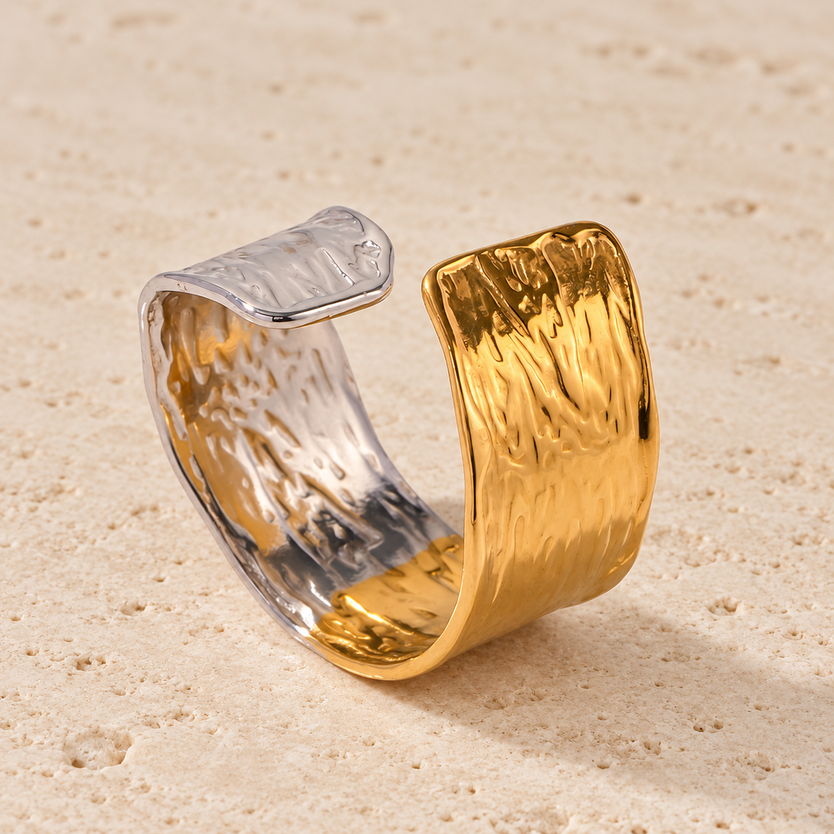 Gold Textured Wide Ring — pale beige natural stone background