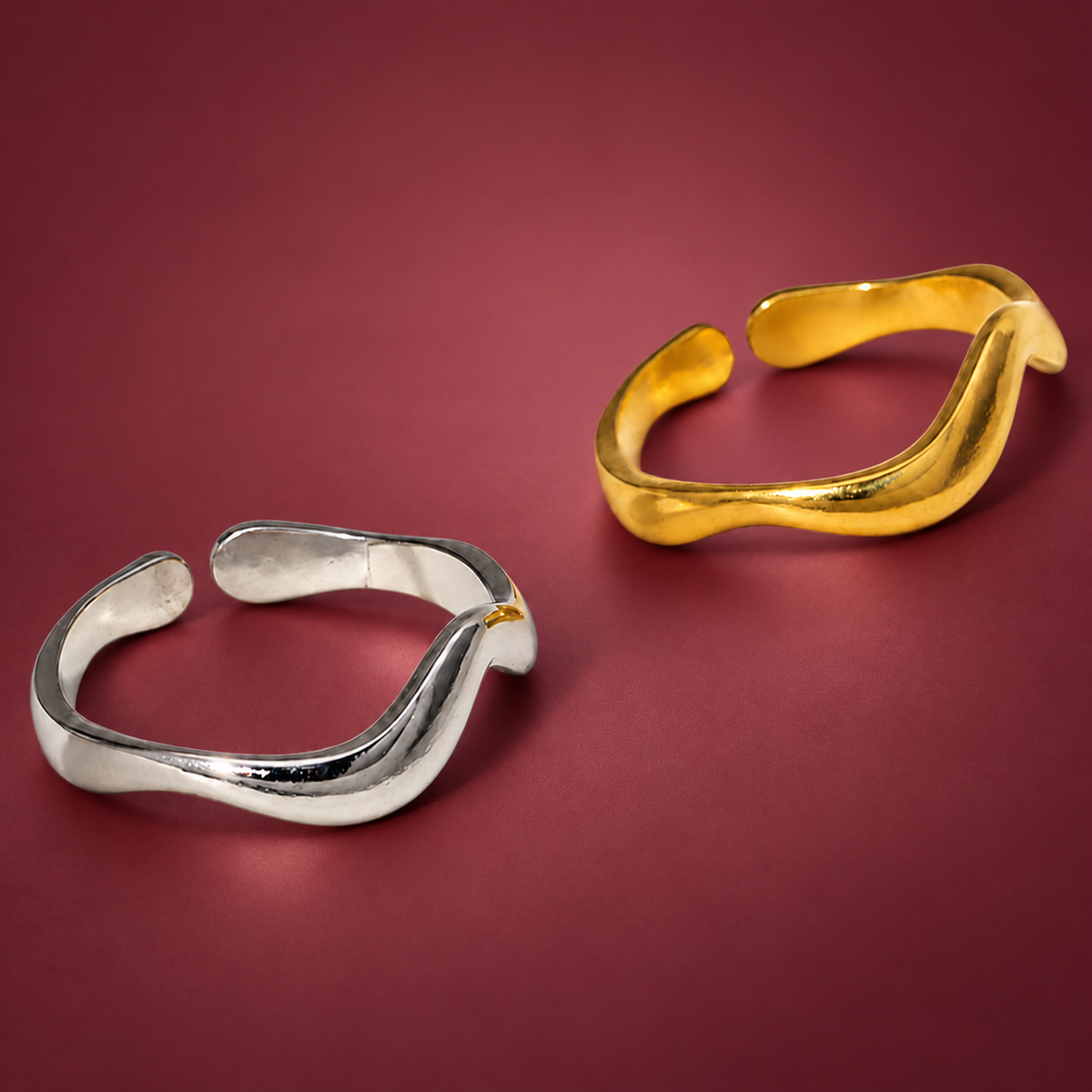 Minimal Wave Open Ring — muted burgundy background