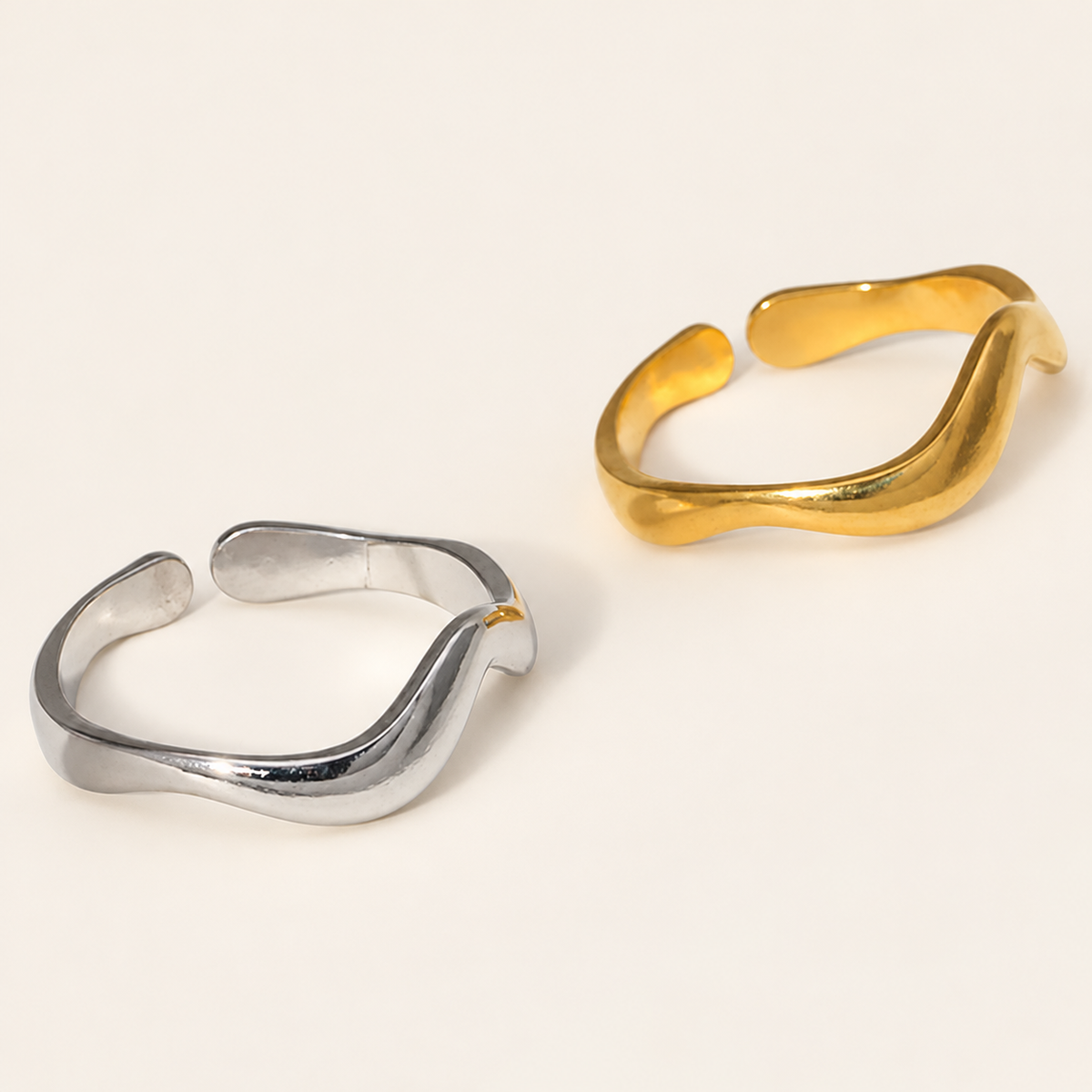 Minimal Wave Open Ring — warm ivory background