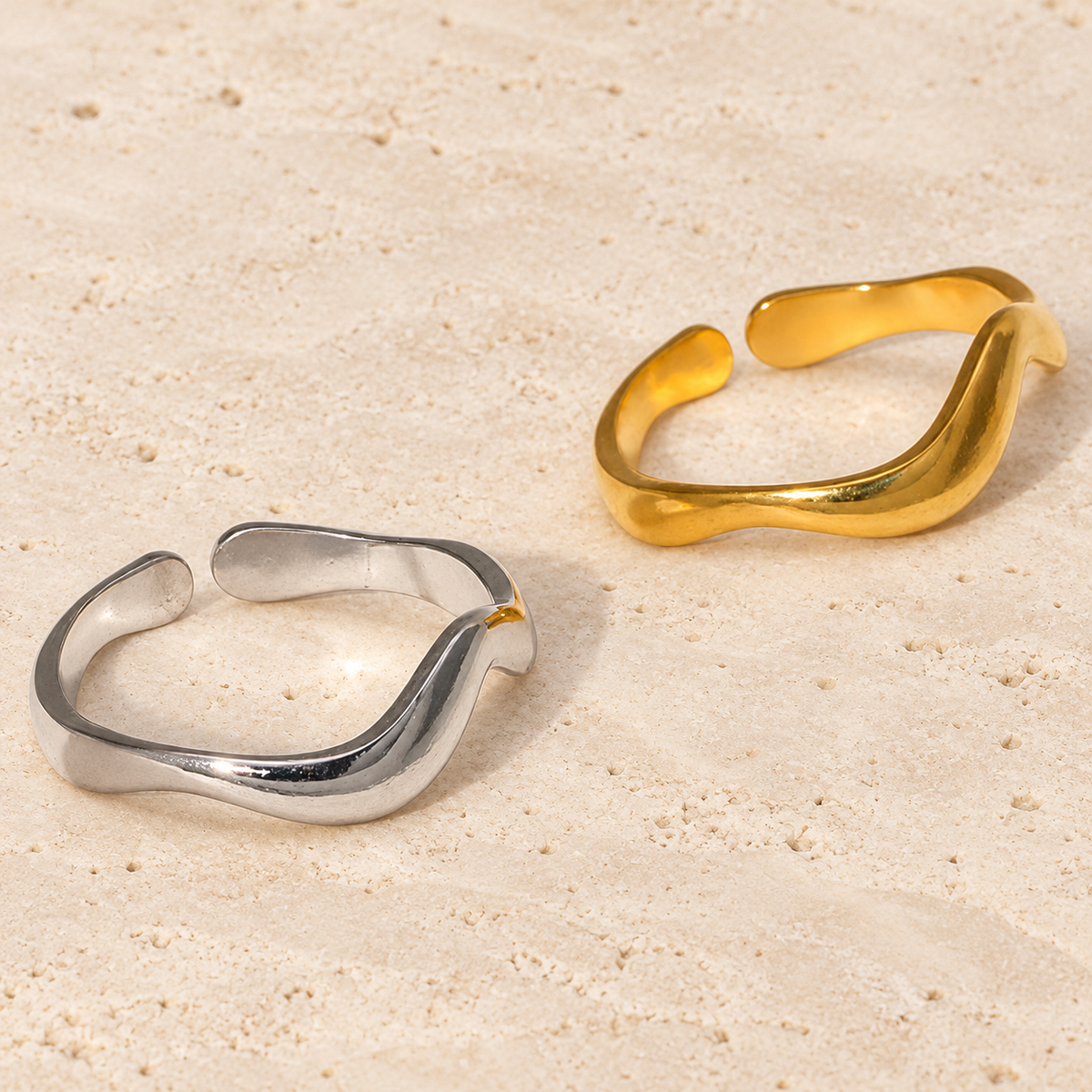 Minimal Wave Open Ring — pale beige natural stone background