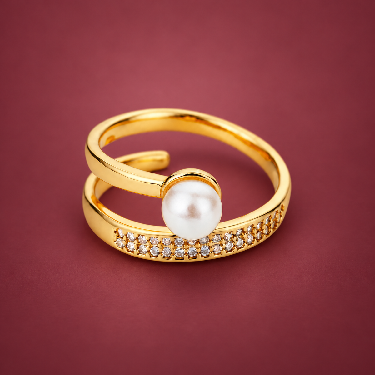 Pearl Double Band Ring — muted burgundy background