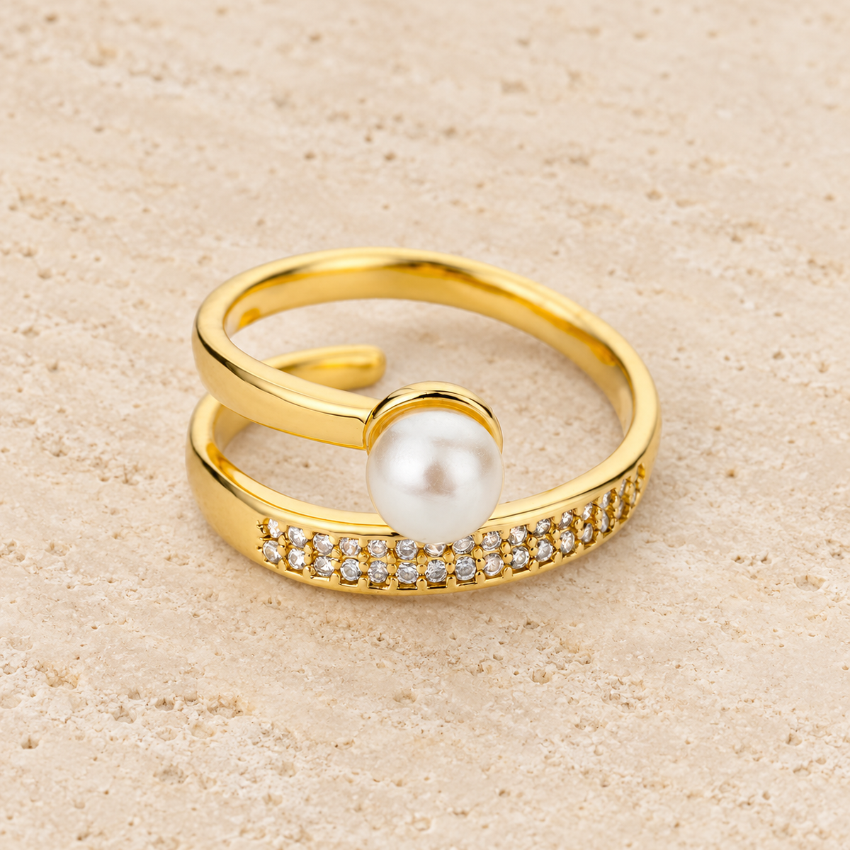 Pearl Double Band Ring — pale beige natural stone background