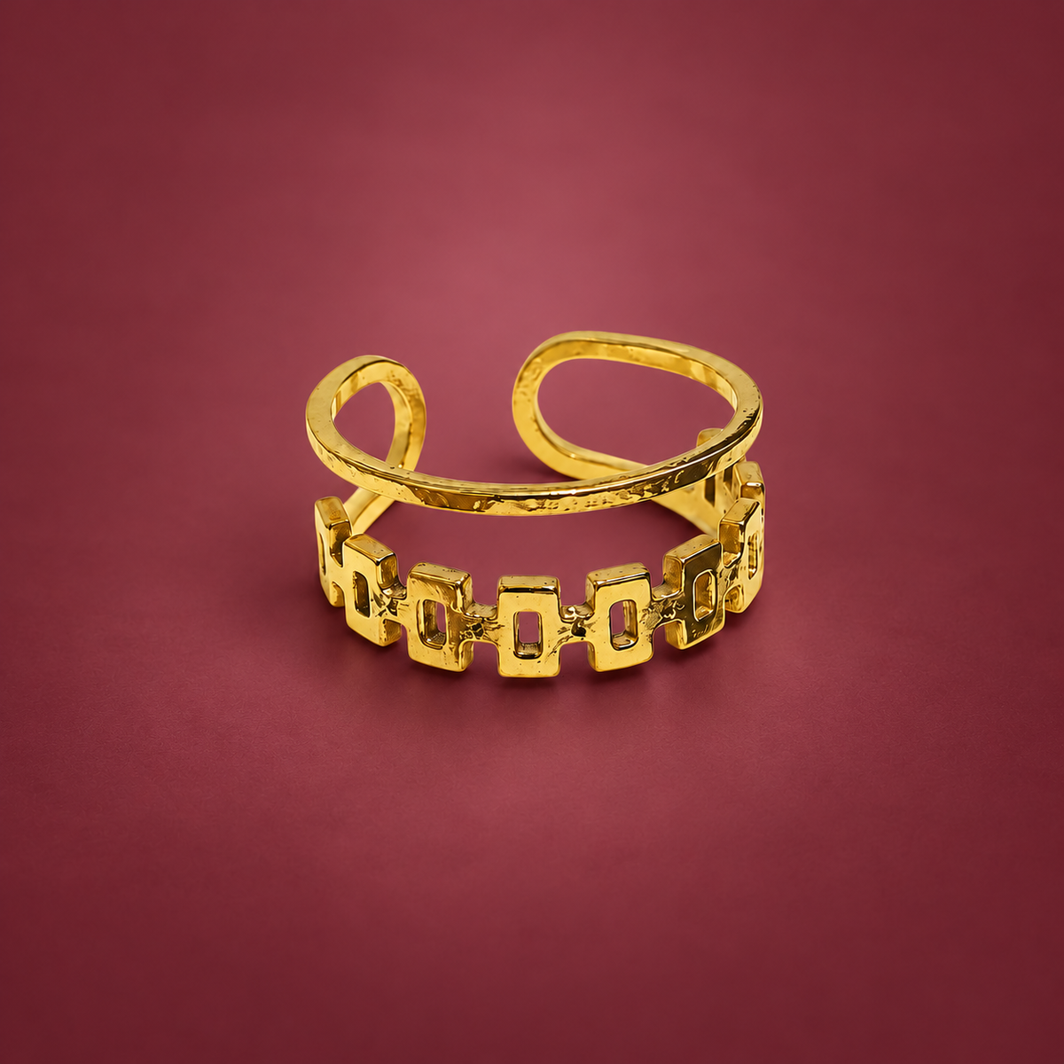 Geometric Open Band Ring — muted burgundy background