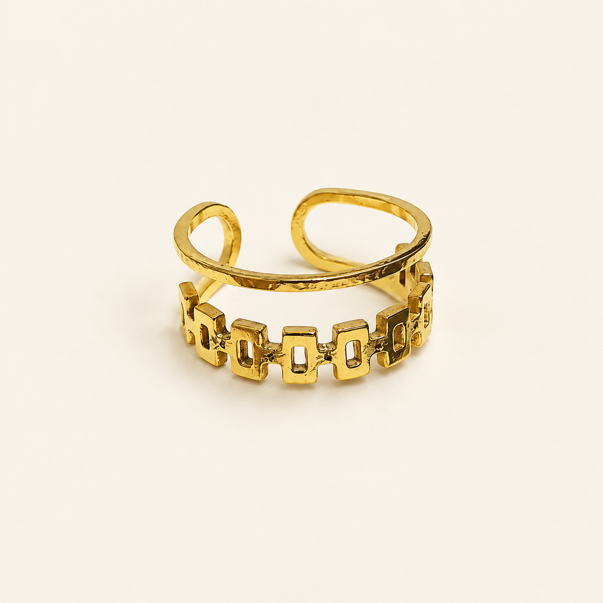 Geometric Open Band Ring — warm ivory background