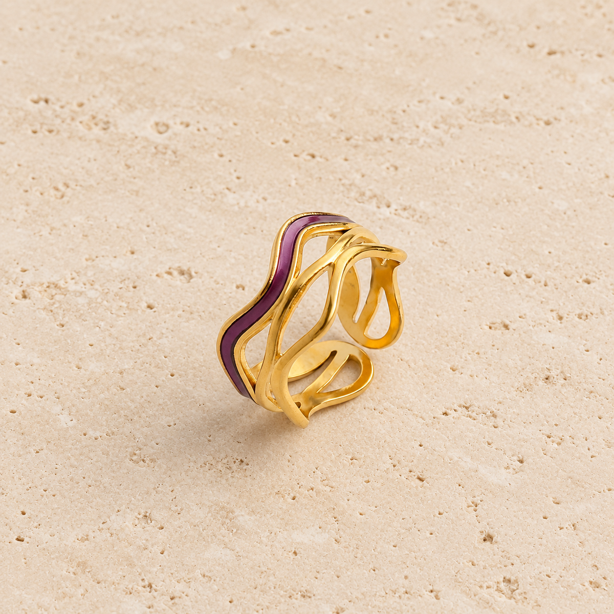 Purple Wave Ring — pale beige natural stone background