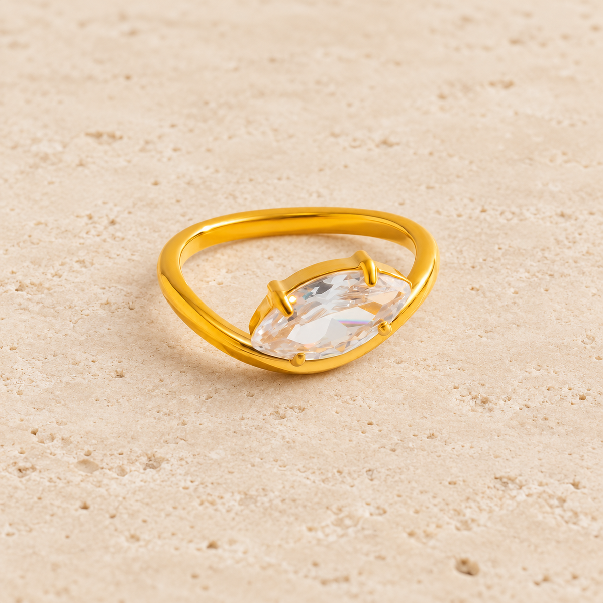 Oval Crystal Ring — pale beige natural stone background