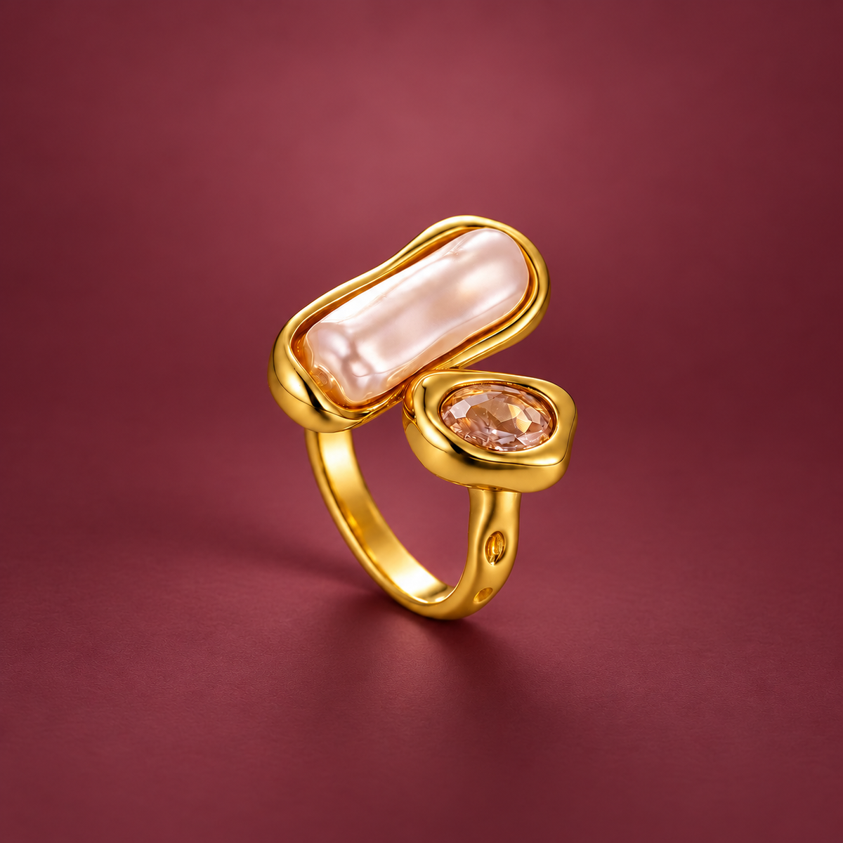 Pink Duo Stone Ring — muted burgundy background