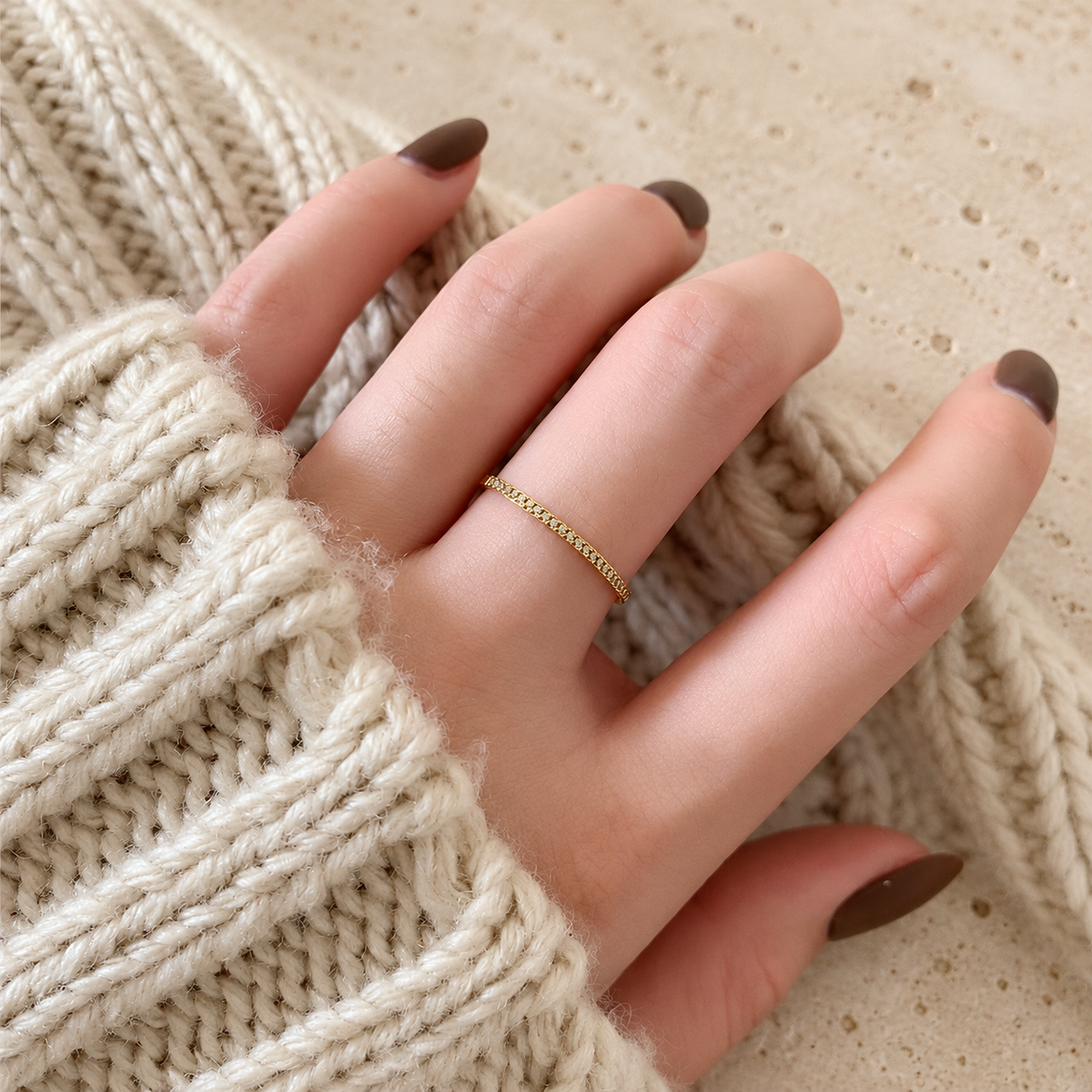 Fine Chain Ring — pale beige natural stone background