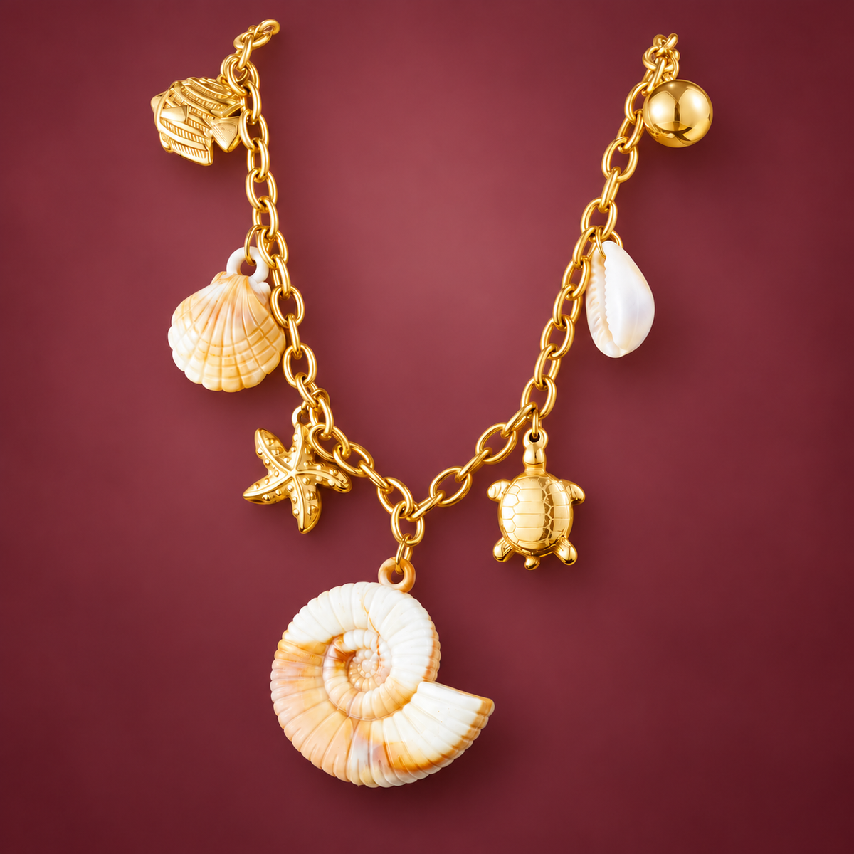 Seaside Charm Necklace — muted burgundy background