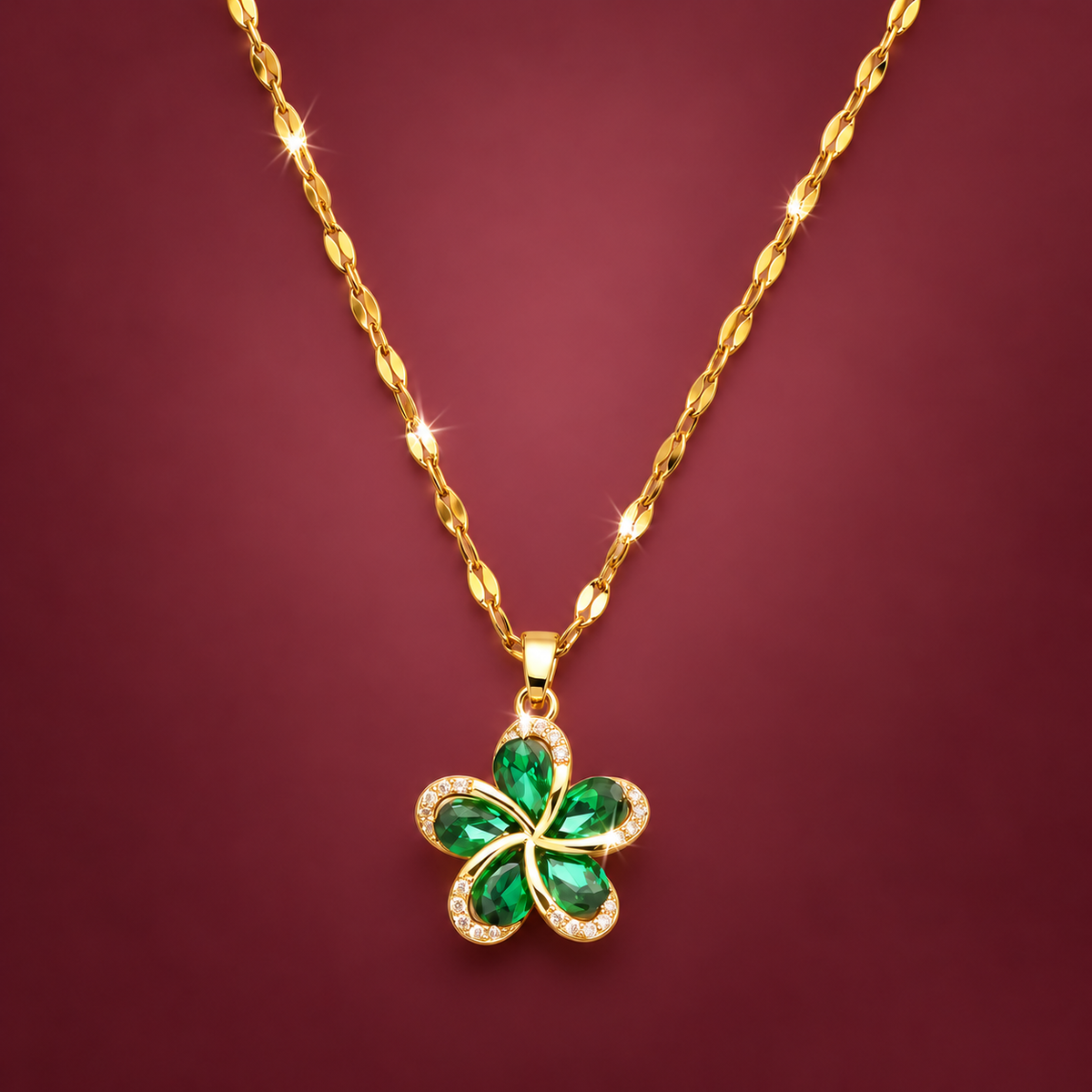 Green Flower Necklace — muted burgundy background