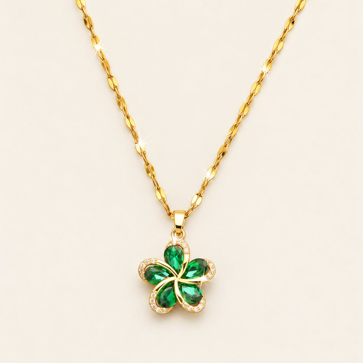 Green Flower Necklace — warm ivory background