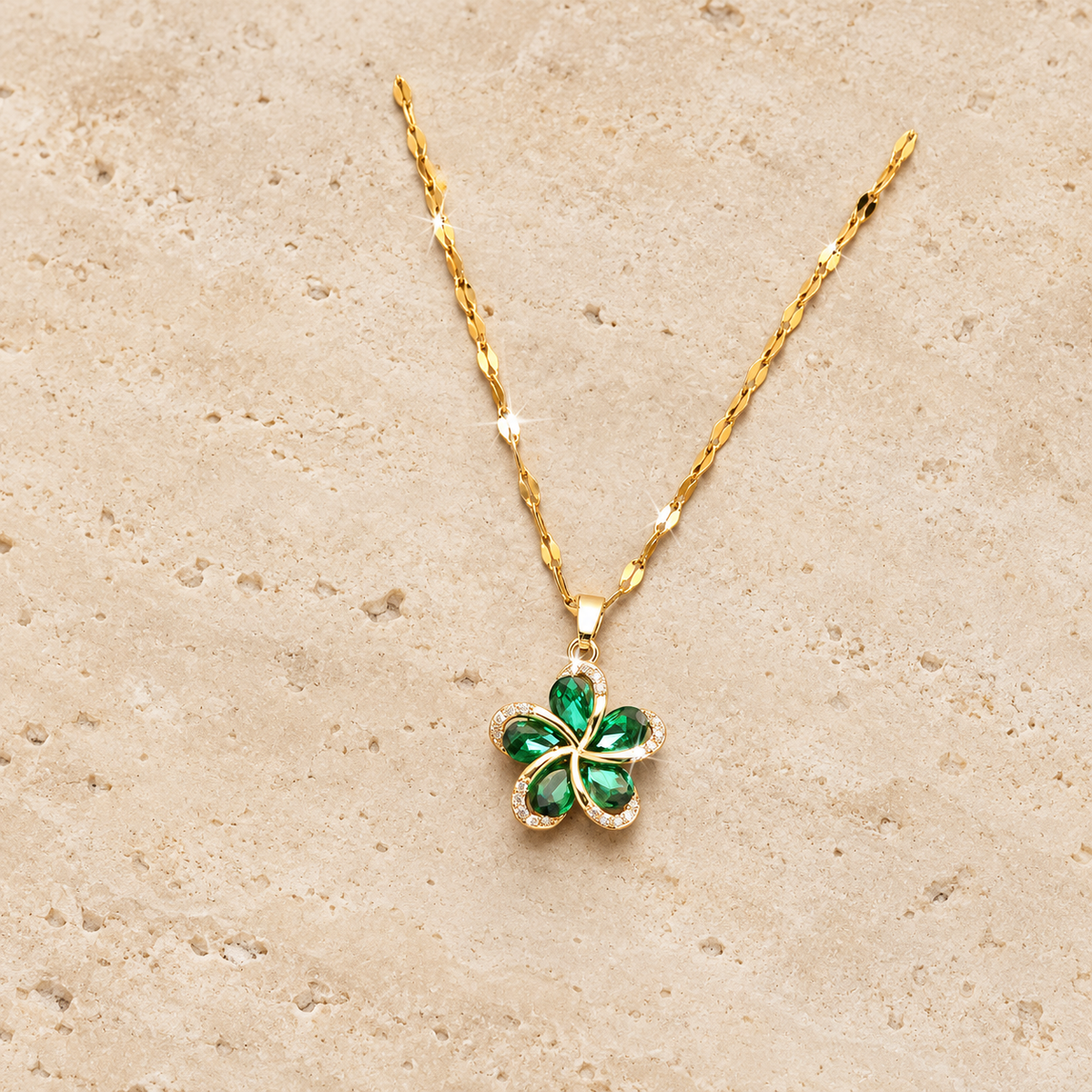 Green Flower Necklace — pale beige natural stone background