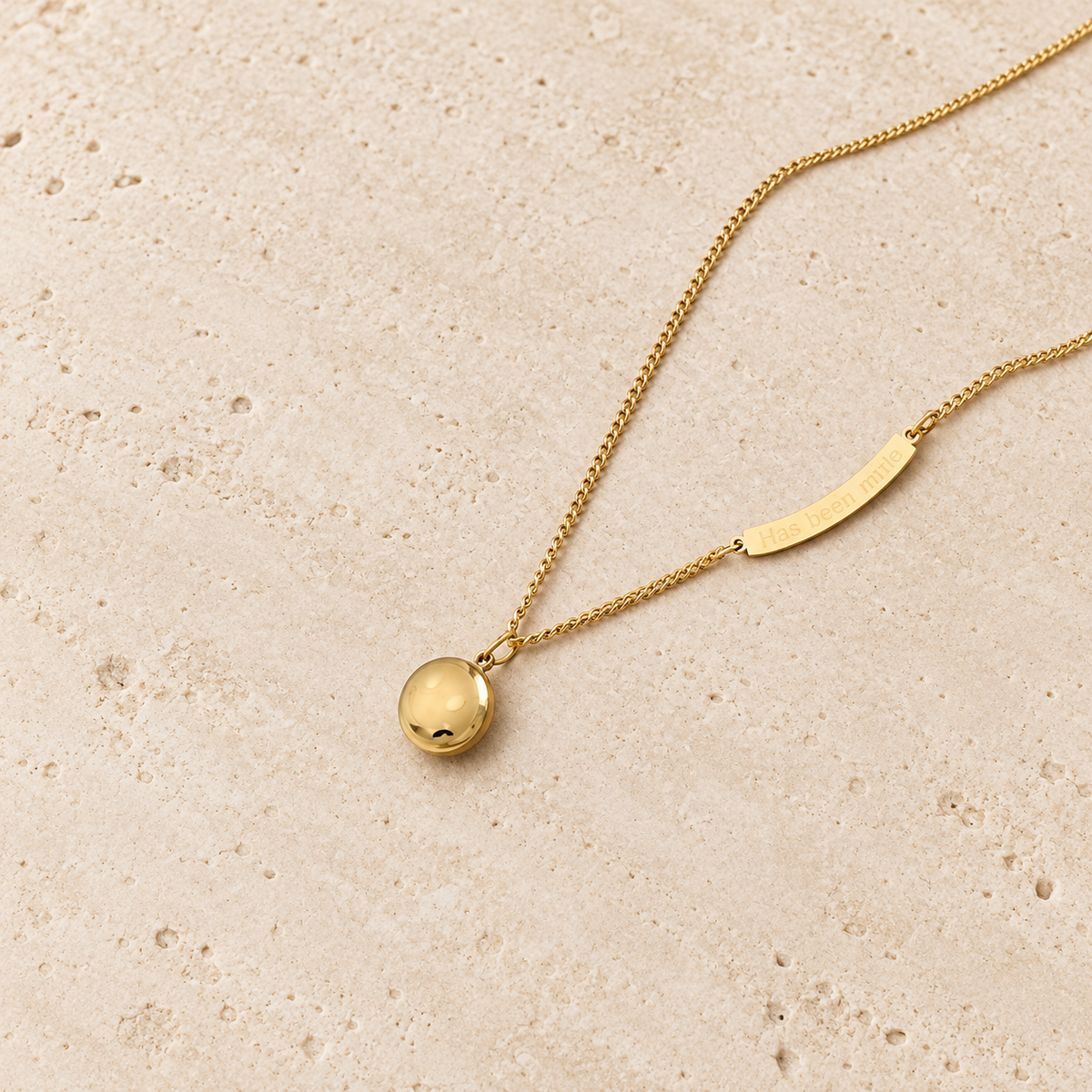 Moon and Disc Necklace — pale beige natural stone background
