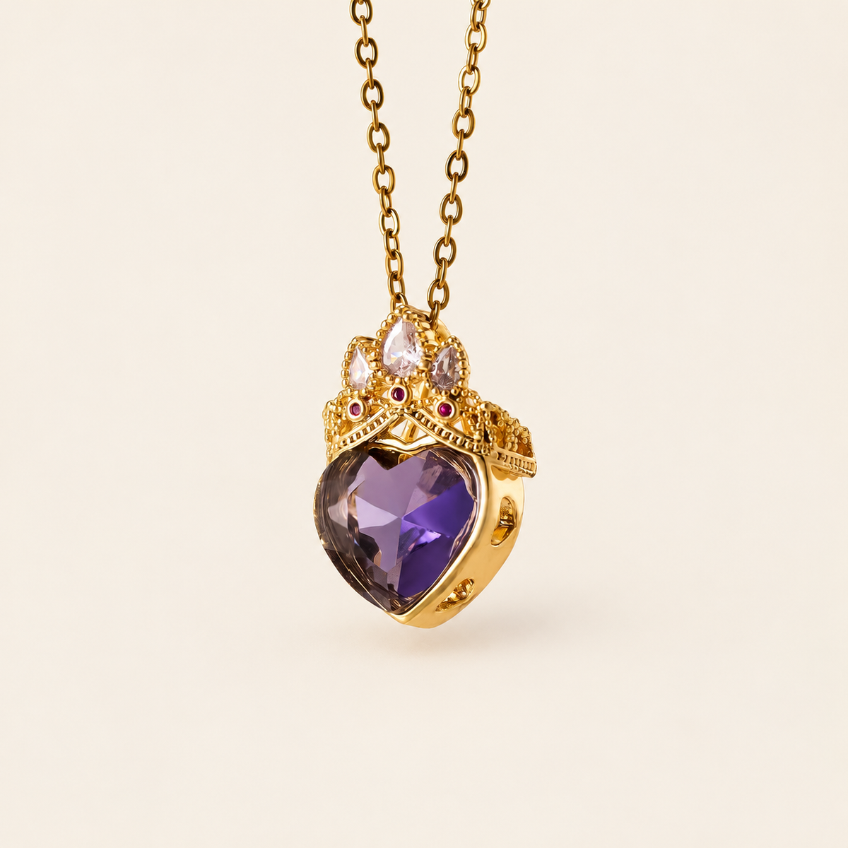 Purple Crown Heart Necklace — warm ivory background
