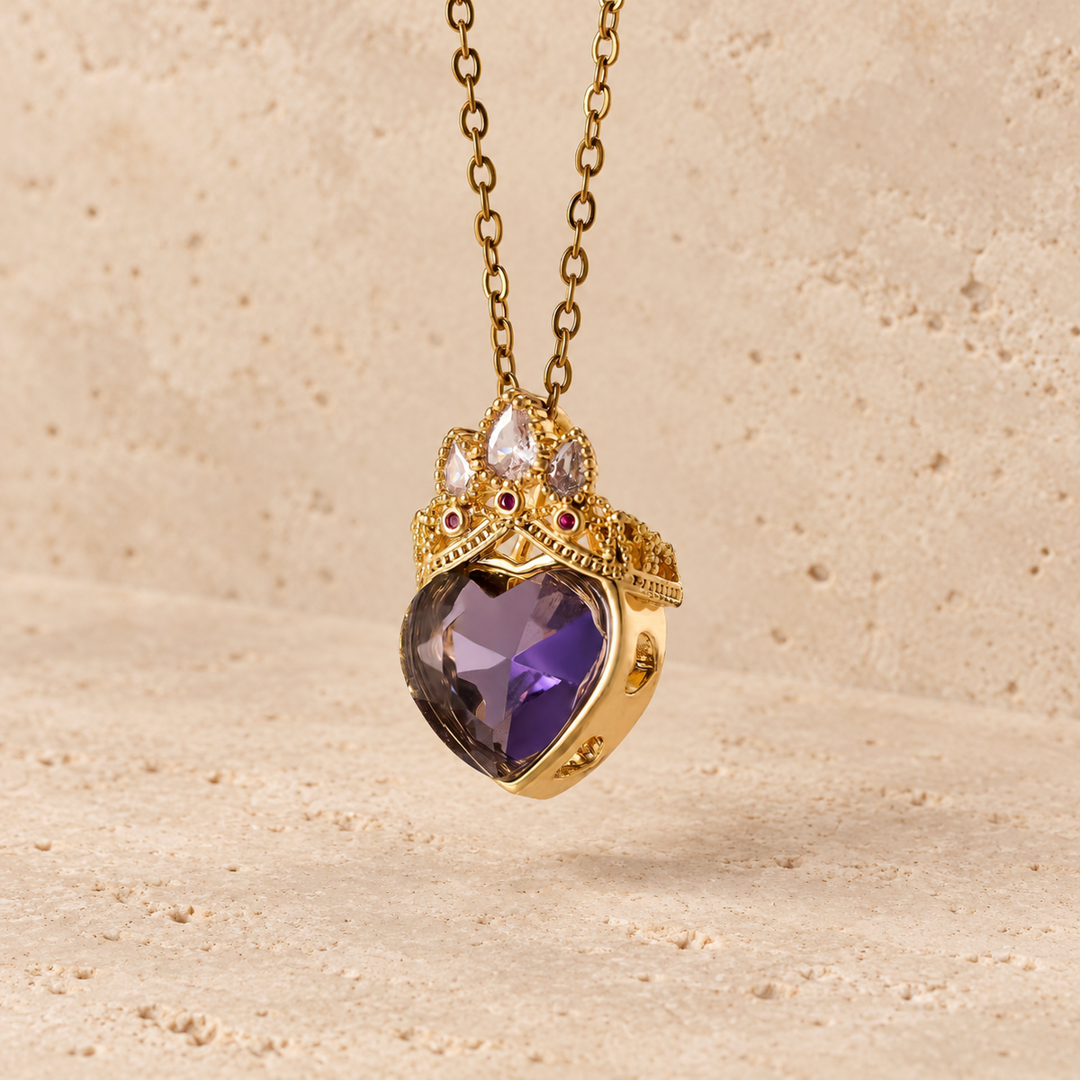 Purple Crown Heart Necklace — pale beige natural stone background